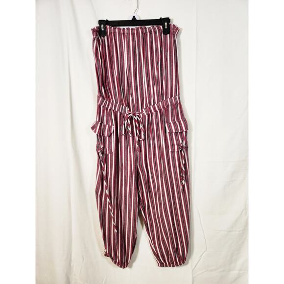 Thread Story Lrg $55 Red/White/Black Strapless Striped Carpenter-Jogger Jumpsuit - Picture 1 of 10